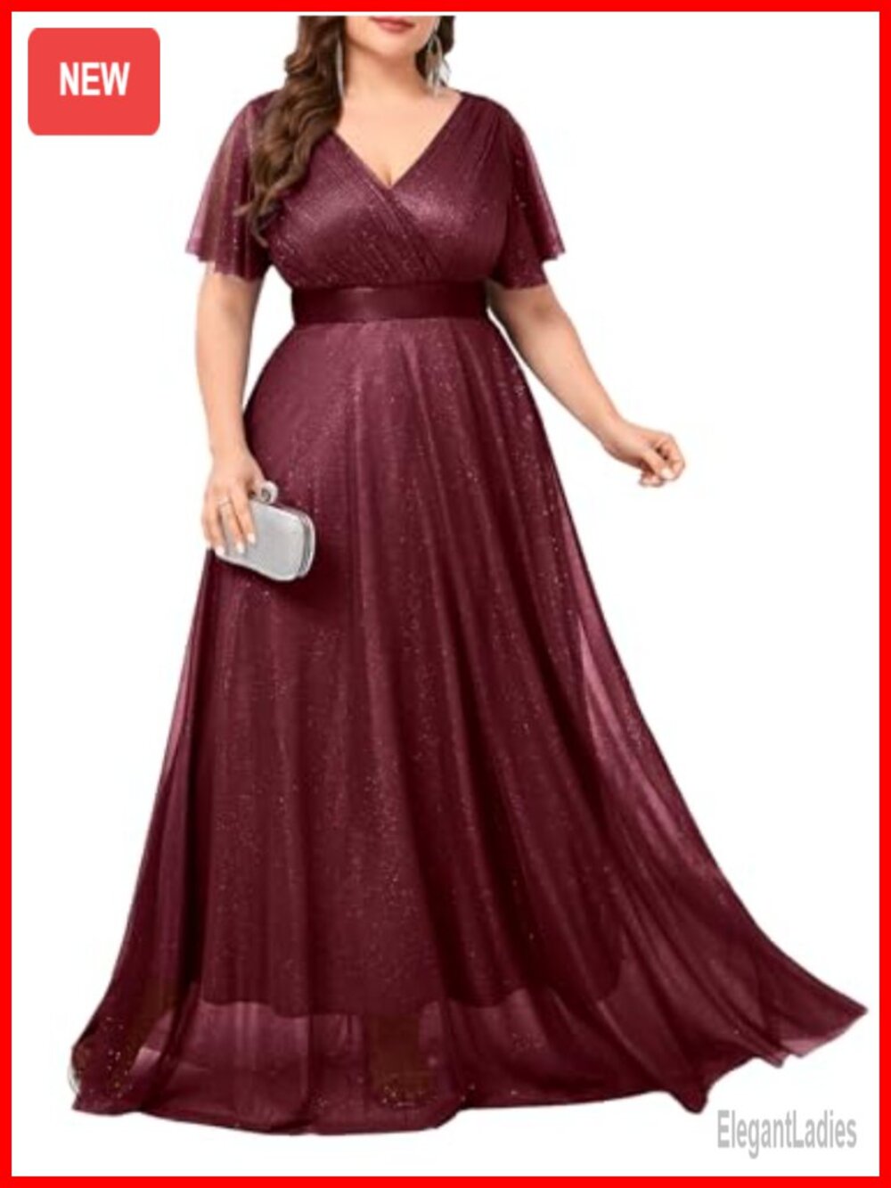 Plus Size Formal Evening Gown V-Neck Ruffle Sleeve A-Line Wedding Guest Dress
